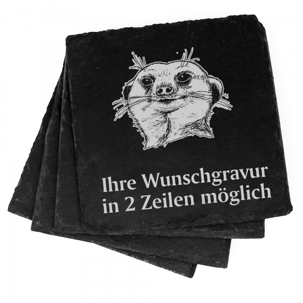 4x Erdmännchen Kopf Deko Schiefer Untersetzer Wunschgravur Set - 11 x 11 cm