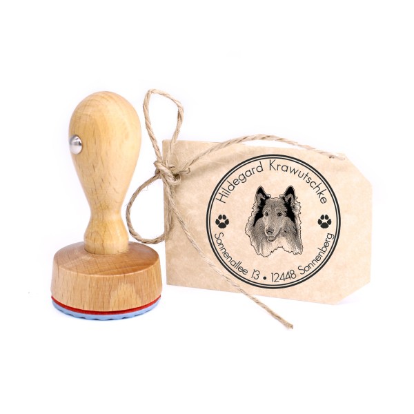 Stempel personalisiert Langhaarcollie Hund Hunde rund 40mm Adressstempel Holzstempel