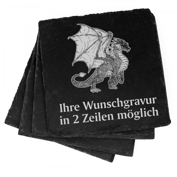 4x Drache Deko Schiefer Untersetzer Wunschgravur Set - 11 x 11 cm