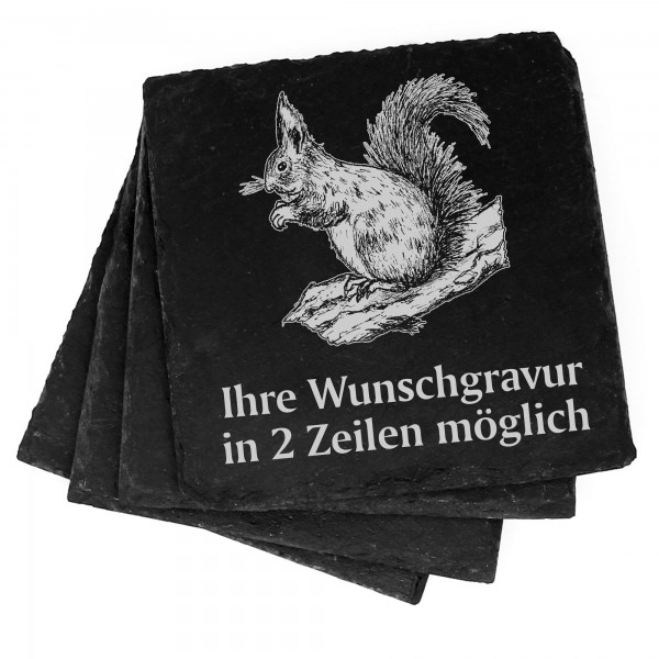 4x Eichhörnchen Deko Schiefer Untersetzer Wunschgravur Set - 11 x 11 cm