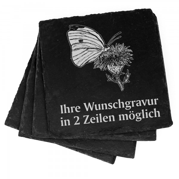 4x Kohlweißling aud Distel Deko Schiefer Untersetzer Wunschgravur Set - 11 x 11 cm