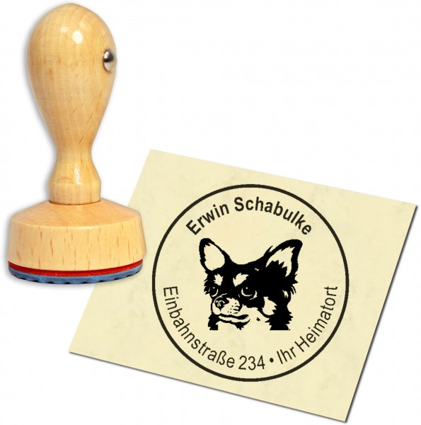 Stempel Adressstempel Holzstempel - Langhaar Chihuahua Kopf - rund 40mm