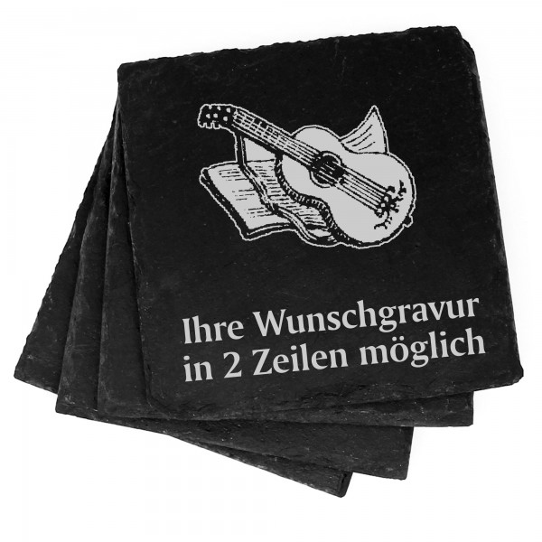 4x Gitarre mit Notenbuch Deko Schiefer Untersetzer Wunschgravur Set - 11 x 11 cm