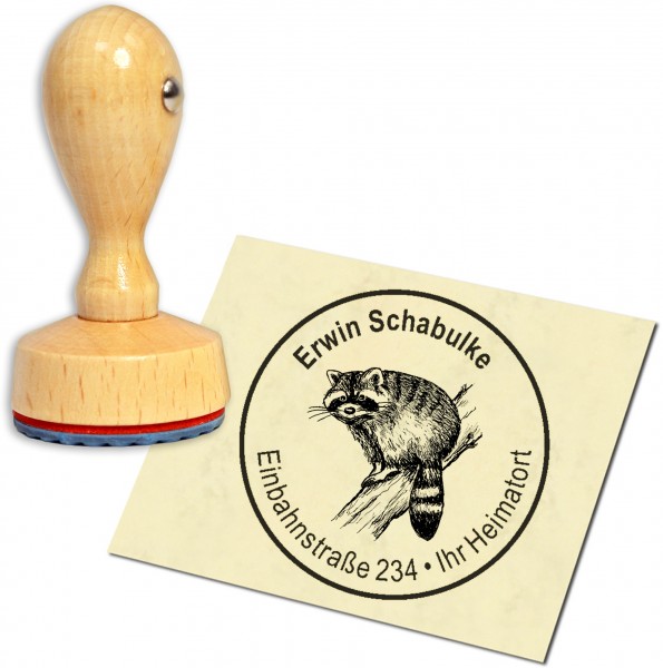 Stempel Adressstempel Holzstempel - Waschbär auf Ast - rund 40mm