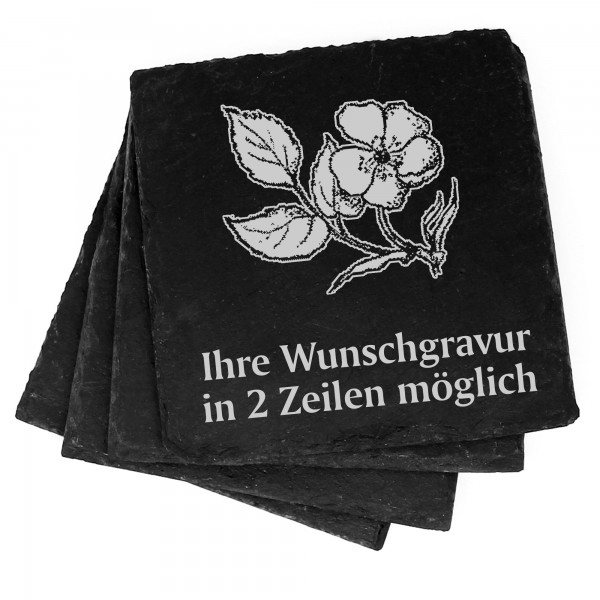 4x Heckenrose Deko Schiefer Untersetzer Wunschgravur Set - 11 x 11 cm