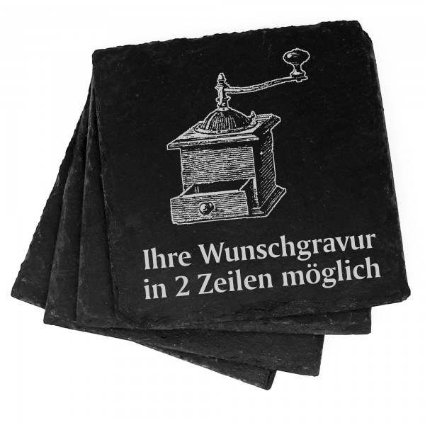 4x Kurbel Kaffeemühle Deko Schiefer Untersetzer Wunschgravur Set - 11 x 11 cm