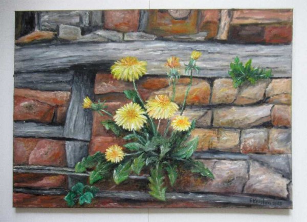 Ölgemälde Mauer Steinmauer Butterblume - 70 x 50 cm - Landschaft Malerei - Unikat - 65.23