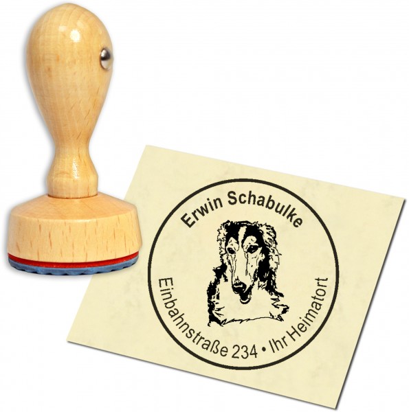 Stempel Adressstempel Holzstempel - Windhund Barsoi - rund 40mm