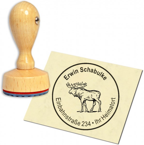 Stempel Adressstempel Holzstempel - laufender Elch - rund 40mm