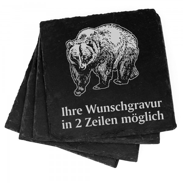 4x Grizzly Bär Deko Schiefer Untersetzer Wunschgravur Set - 11 x 11 cm