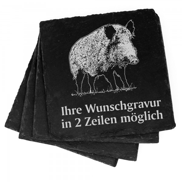 4x Keiler Wildschwein Deko Schiefer Untersetzer Wunschgravur Set - 11 x 11 cm