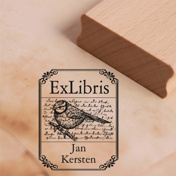 Ex Libris Stempel Vogel auf Vers mit Name - Vintage Rahmen - Exlibris Motivstempel 38 x 48 mm